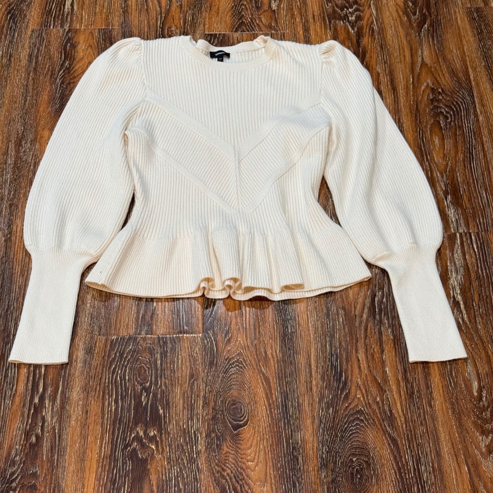 Express Cream Ribbed Peplum Puff Sleeve Sweater Chevron Knit Ivory Womens Large